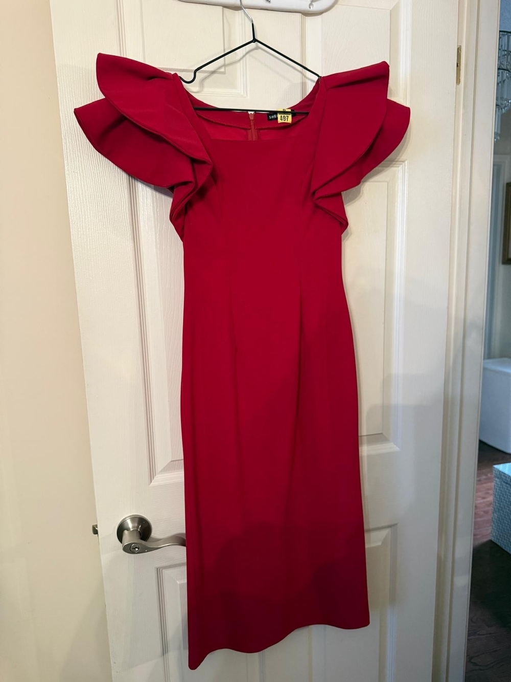 SHEIN Red Midi Dress with Dramatic Ruffled Sleeves